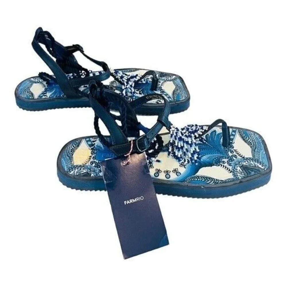FARM RIO Blue Tile Beaded Flat Lace Up Sandals Blue NEW $260